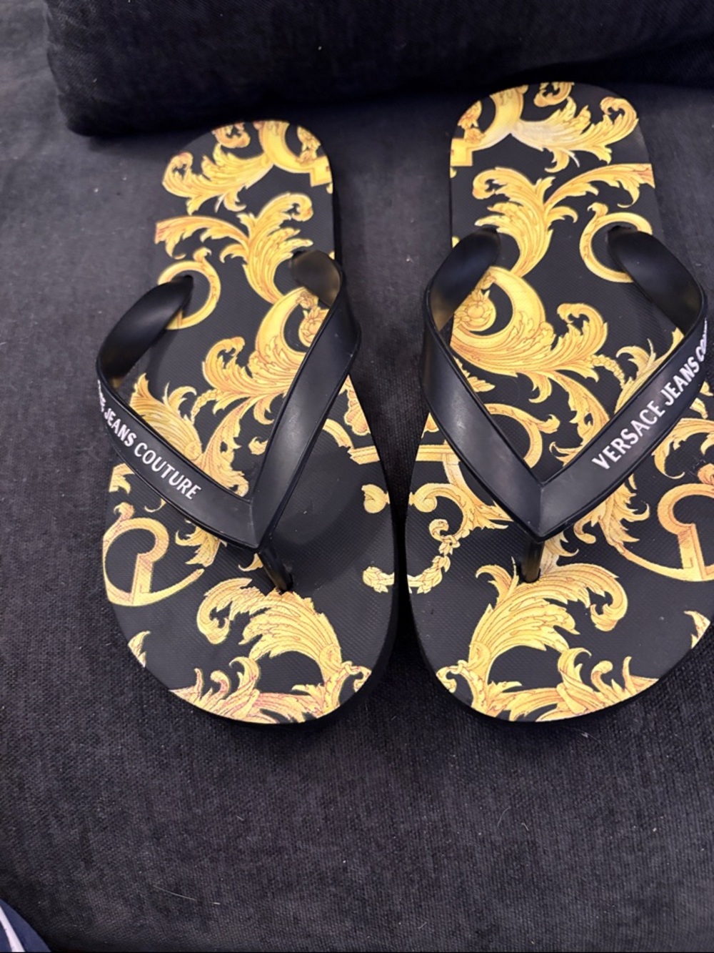 Versace Jeans Collection Women Black & Gold Baroque Flip-Flop Sandals